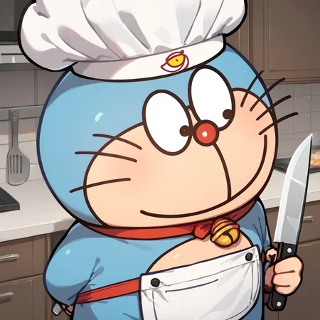 score_9_up, score_8_up, score_7_up, score_6_up, <lora:DoraemonStareXL_Pony3:1.1>, DoraemonStare, doraemon, alternate costume,
chef, chef hat, kitchen knife, holding knife,
upper body, kitchen, (smile:1.1), rating_safe, sfw, masterpiece, newest, absurdres
