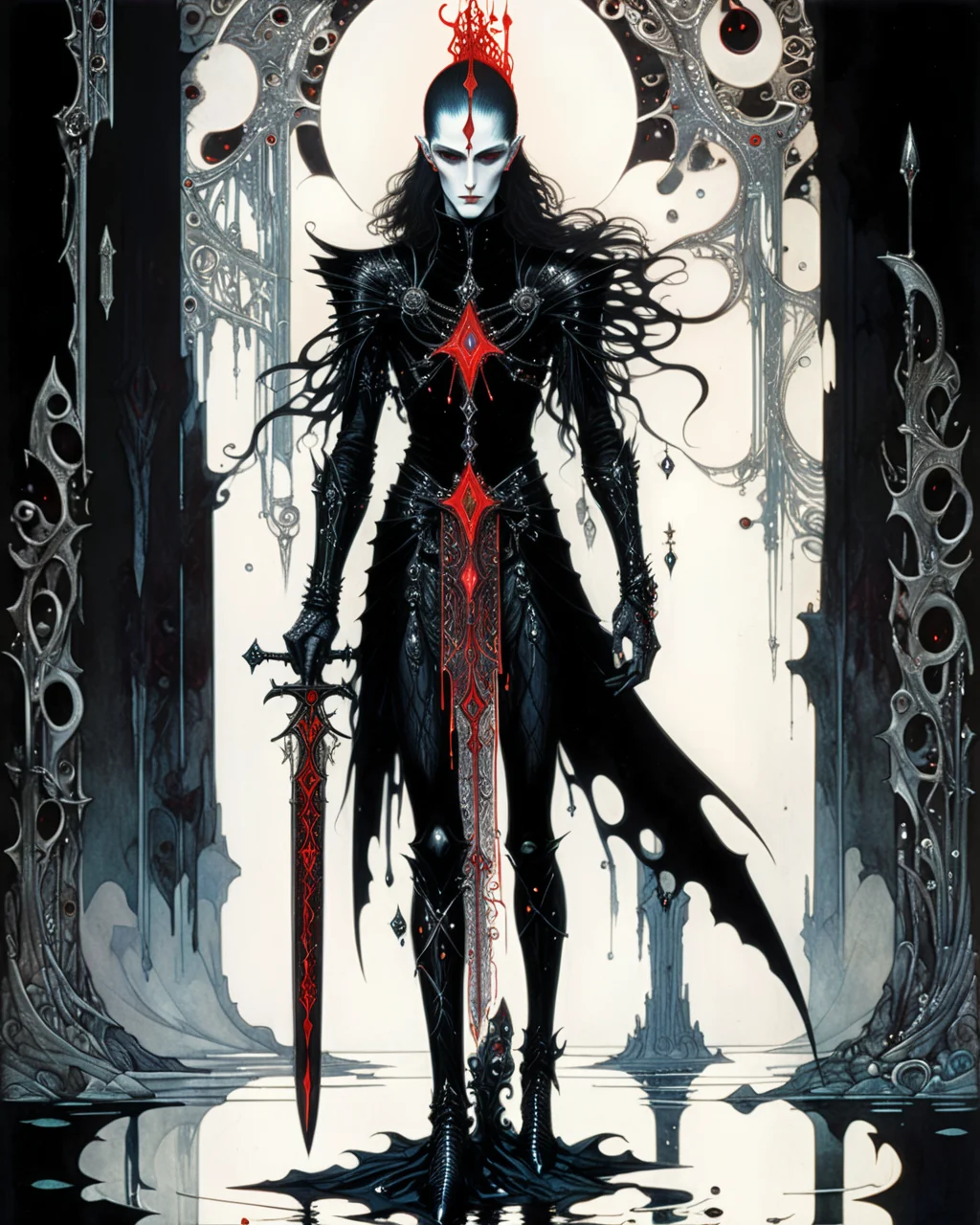 elric of melnibone, crimson eyes, full body, black longsword adorned with glowing runes, velvet, jewelry, water, reflections, (Harry Clarke:1.5), <lora:Philippe Druillet Style:1> Philippe Druillet Style, <lora:xl_more_art-full_v1:0.75>, <lora:add-detail-xl:0.8>