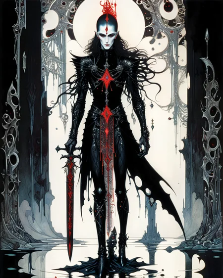 elric of melnibone, crimson eyes, full body, black longsword adorned with glowing runes, velvet, jewelry, water, reflections, (Harry Clarke:1.5), <lora:Philippe Druillet Style:1> Philippe Druillet Style,  <lora:xl_more_art-full_v1:0.75>,  <lora:add-detail-xl:0.8>