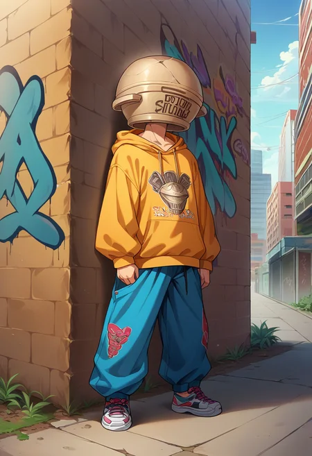 score_9, score_8_up, source_anime, 1boy, solo, LetMeSoloHer, pot helmet, urban and street style, graffiti-inspired colors, cool and edgy attire, baggy pants, oversized hoodie, stylish sneakers, fashionable accessories, hip hop jewelry, graffiti walls, energetic and vibrant atmosphere, <lora:CHAR-LetMeSoloHerPonyXL:1>