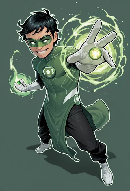 masterpiece, absurdres, high quality, perfect anatomy, 1boy, solo, cute boy, male focus, TaiPham, Black Hair, Green Lantern Ring, Green Lantern Costume, Green and Black Bodysuit, Green Domino Mask, White Eyes, White Gloves, Pelvic Curtain, Black Pants, White Shoes, Glowing Green Outline, Green Energy Aura, floating, levitating, big smile, cinematic, intricately detailed illustration, depth of field, masterpiece, best quality, amazing quality, very aesthetic, absurdres, newest, very awa,  shadow, dynamic angle, casual cosplay, dynamic pose, simple background, green theme, Arwe, Dynamism, Foreshortening