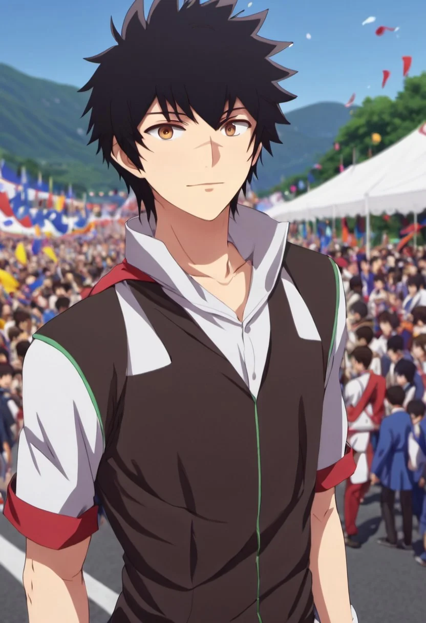 high resolution, solo, best quality, 1Boy, Kanata Hoshijima, Black hair, Brown Eyes, Festival, parade, costumes, celebration,