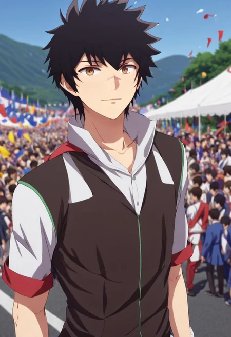 high resolution, solo, best quality, 1Boy, Kanata Hoshijima, Black hair, Brown Eyes, Festival, parade, costumes, celebration,