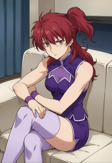 score_9,score_8_up,score_7_up,score_6_up,score_5_up,score_4_up,anime coloring BREAK source_anime,anime,<lora:Nena_Trinity_Gundam_00_Pony:0.8>,nena,1girl,solo,yellow eyes,red hair,side ponytail,(freckles),earrings,purple shirt,sleeveless,purple shorts,purple thigh boots,purple wristband,serious,sitting,crossed_legs,indoors,room,couch,looking_at_viewer,