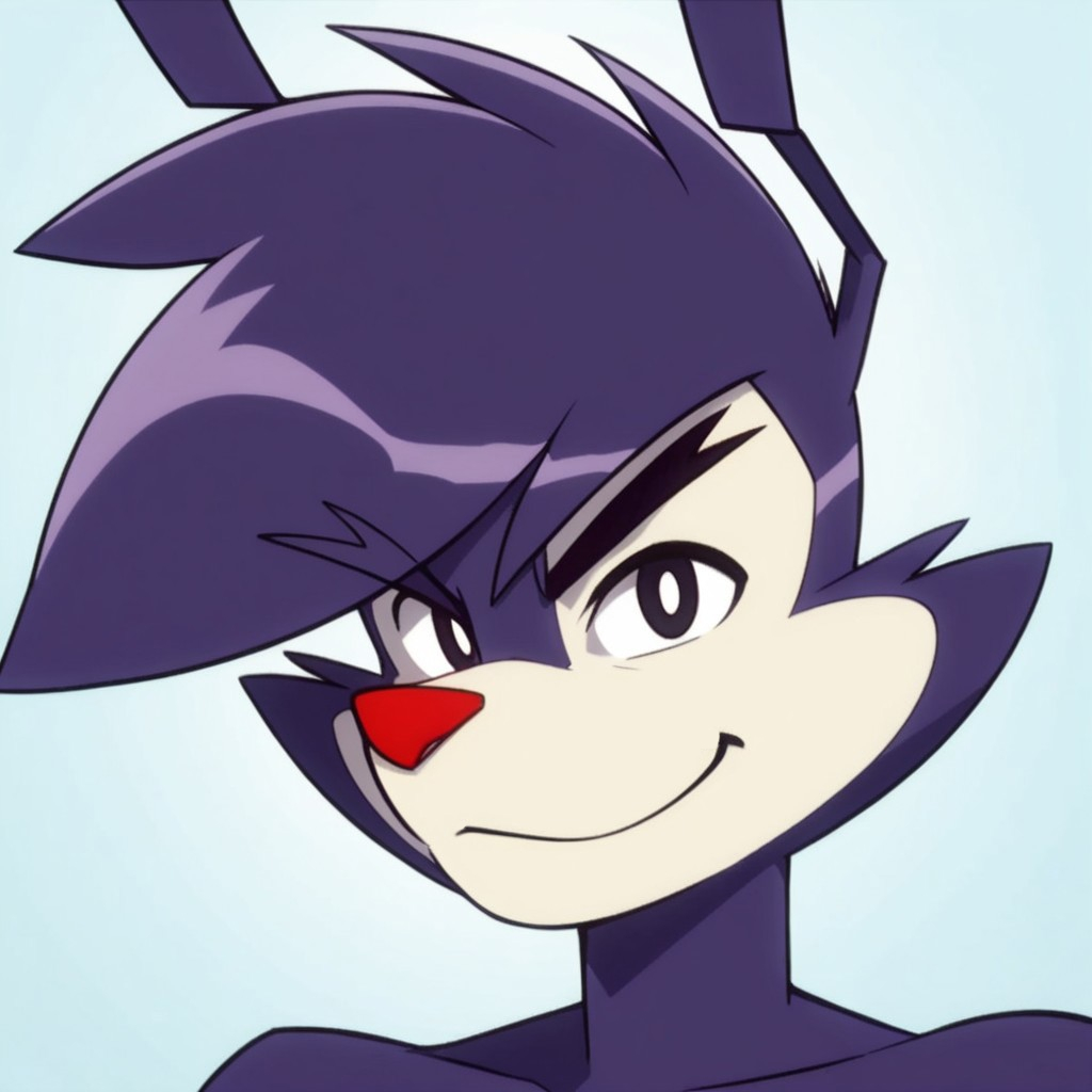 score_9, score_8_up, score_7_up, Expressiveh, masterpiece, best quality, highly detailed, realistic,  1boy, solo, (YakkoWB, furry, anthro, purple hair, short hair, red nose, black eyes, white pupils, cheek tuft, black eyebrows, purple body, purple fur, white fur, two tone fur), upper body,  blue background, simple background, closed mouth, smile, looking at viewer