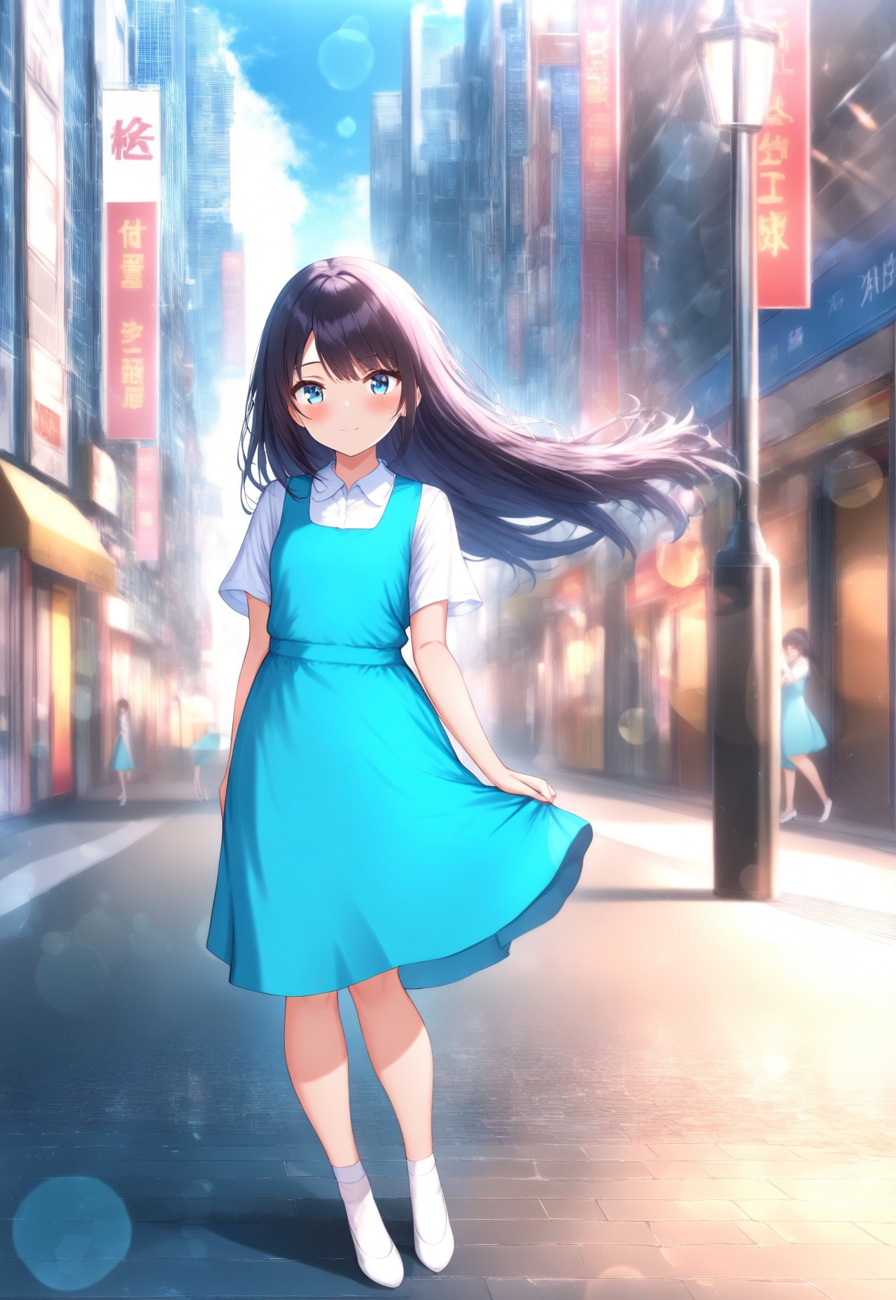masterpiece, best quality,amazing quality,(1girl), solo,(depth of field),(solo focus),8K,HDR,(ultra high res),(highres),(full body),(lens flare),smile,blush,(black hair),(long hair),(blue eyes),(floating hair), sidelocks,(malaysian secondary school uniform),(pinafore dress),(aqua blue skirt),(blue pinafore),(collared shirt),(white shirt),(short sleeves),(white socks),(short socks),(white footwear),(ballet flat),(outdoor),(cityspace),(city),(street),(lampost),(standing),(looking at viewer)