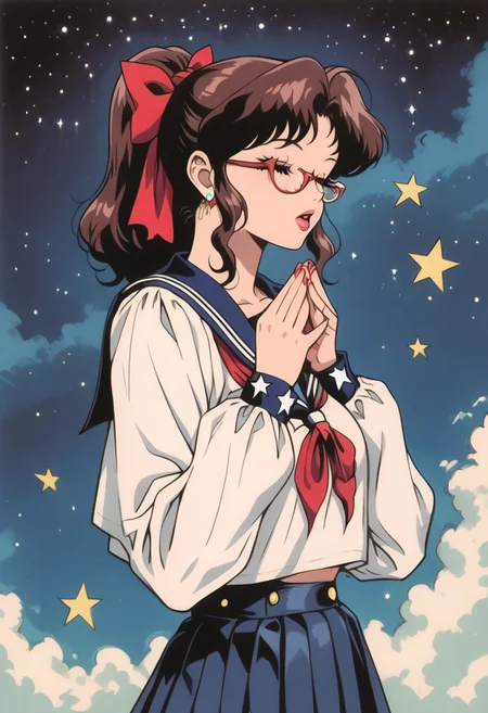 score_9, score_8_up, score_7_up, score_6_up, score_5_up, score_4_up, BREAK sourse_anime, retro anime style, detailed retro anime, 90's anime style, 1990s \(style\), Vintage, dreamy psychedelic anime, high quality, best quality, anatomically correct, masterpiece, BREAK 1girl, solo, from side, view from the back, BREAK brown hair, ponytail, (red hair ribbon), glasses, beautiful teenage girl, red neckerchief, BREAK serafuku, (white short with long sleeves), green pleated skirt, closed eyes, BREAK (hands reach out to the star), (night, shining stars in the sky on background), translucent rainbow, cowboy shot, s1n0p0p
