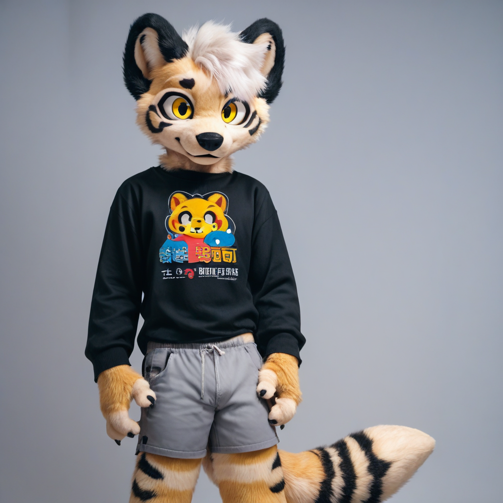 score_9, score_8_up, score_7_up, score_6_up, furry, mikus-sona, fursuit, furry focus, furry style, furry costume, anthropomorphic, anthro, Ocelot in a black sweater and gray shorts, Boy, White-Hair++, 1boy, solo, dark yellow eyes, Tail tip Black 1boy, boy, Black-ears