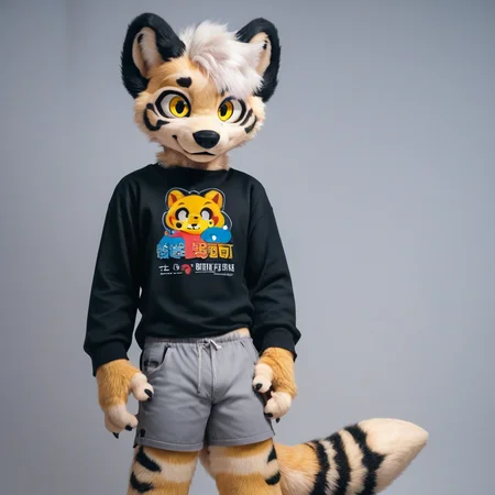 score_9, score_8_up, score_7_up, score_6_up, furry, mikus-sona, fursuit, furry focus, furry style, furry costume, anthropomorphic, anthro, Ocelot in a black sweater and gray shorts, Boy, White-Hair++, 1boy, solo, dark yellow eyes, Tail tip Black 1boy, boy, Black-ears