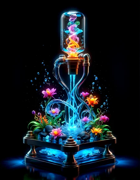 miniature isometric, tall sprays nixie, diorama, closeup futuristic vibrant radiant glowing translucent glass model water pump, 8k, hdr, solid black background,