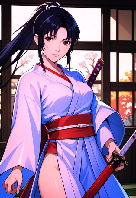 score_9_up, score_8_up, score_7_up, source_anime, 1girl, KAGURA MIO, 1girl, long hair, black hair, brown eyes, weapon, japanese clothes, sword