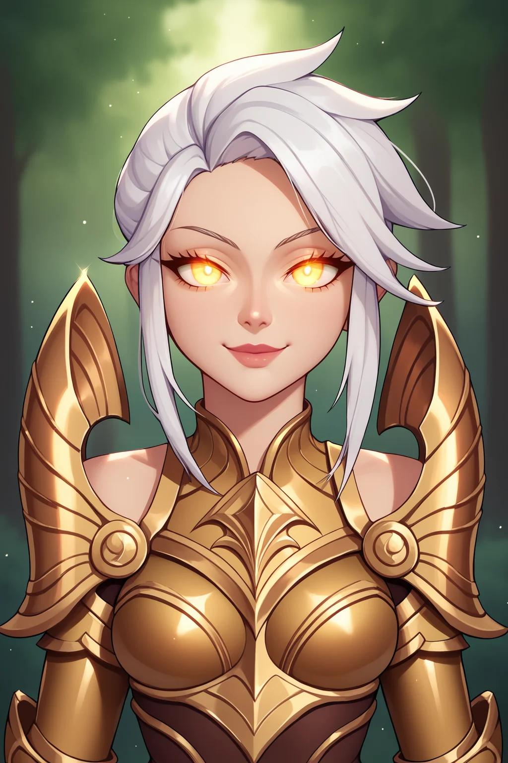 score_9, score_8_up, score_7_up, score_6_up, score_5_up, score_4_up, BREAK, KayleLoLXL, glowing eyes, yellow eyes, white hair, hair strand, medium breasts, gold armor, gold shoulder armor, arm armor, gold gloves, gold breastplate, brown bodysuit, solo, front view, (portrait, upper body), solo focus, seductive smile, looking at viewer, forest, tree <lora:KayleLoLXL:0.9>