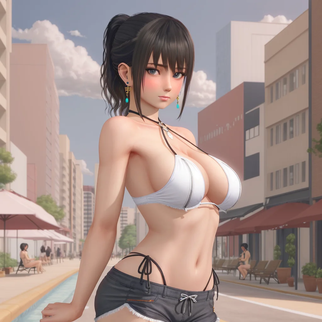 masterpiece, best quality, 1girl, nanami, city, black shorts, looking at viewer, (blush:0.7), swimsuit, big breasts, short ponytail, earrings, <lora:doaxvv_nanami:0.6>