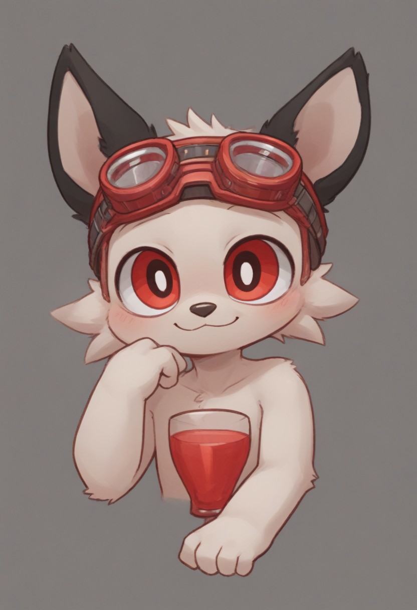 (core_9, score_8_up, score_7_up), (masterpiece), toon (style), solo, young, furry, boy, cute, (distinctly divided horizontal eyes:1.5), upper half (black:1.3), lower half (ruby red:1.3), (ultra-detailed face), (dark-red goggles:1.5) with (red glass:1.3) resting on a (forehead:1.2), (black-tipped ears:1.3), (one black line:1.3) on each cheek, looking at the viewer, blush, smile, white fur, simple background