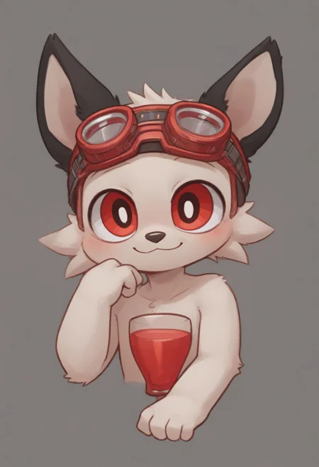 (core_9, score_8_up, score_7_up), (masterpiece), toon (style), solo, young, furry, boy, cute, (distinctly divided horizontal eyes:1.5), upper half (black:1.3), lower half (ruby red:1.3), (ultra-detailed face), (dark-red goggles:1.5) with (red glass:1.3) resting on a (forehead:1.2), (black-tipped ears:1.3), (one black line:1.3) on each cheek, looking at the viewer, blush, smile, white fur, simple background