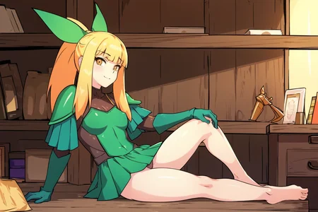 masterpiece, best quality,<lora:Fey_Fandeltales-000019:0.57>,
Fey_Fandeltales, bangs, orange eyes,blonde hair, (armor, ponytail, shoulder pads) , small breasts, hair bow,
bare arms, looking at viewer, ( Beautiful, purchasing items from shop, sitting on desk, barefoot, one leg up) , thick outlines, clean outlines, cartoon
