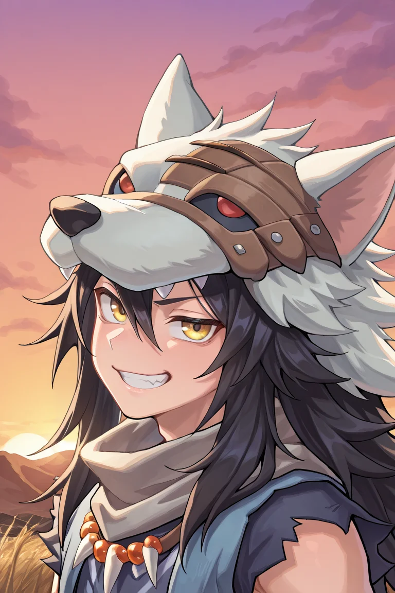 <lora:FlunkyIL:0.8> , fludef, 1boy, black hair, long hair, yellow eyes, wolf hat, wolf hood, wolf pelt, wolf tail, grey scarf, bandana around neck, necklace, tooth necklace, fur trim, blue vest, torn clothes, smug, wide grin, (face, close-up), portrait, looking at viewer, evening, (solo), masterpiece, very aesthetic, absurdres, best quality, amazing quality, high resolution, detailed background, <lora:illustrious_quality_modifiers_masterpieces_v1:0.8> , <lora:ChamIllustriousBackgroundEnhancer:0.5>