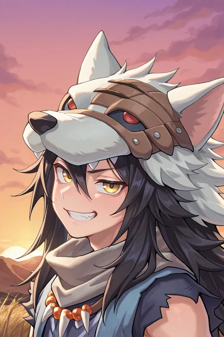 <lora:FlunkyIL:0.8> , fludef, 1boy, black hair, long hair, yellow eyes, wolf hat, wolf hood, wolf pelt, wolf tail, grey scarf, bandana around neck, necklace, tooth necklace, fur trim, blue vest, torn clothes, smug, wide grin, (face, close-up), portrait, looking at viewer, evening, (solo), masterpiece, very aesthetic, absurdres, best quality, amazing quality, high resolution, detailed background, <lora:illustrious_quality_modifiers_masterpieces_v1:0.8> , <lora:ChamIllustriousBackgroundEnhancer:0.5>