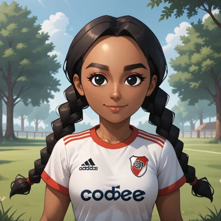 score_9, score_8, BREAK, solo, wii, mii, wii sports club, 1girl, female mii, black eyes, thick eyebrows, black hair, low braids, dark skin, dark skin female, smile, RiverPlate, striped shirt, striped, shirt, white shirt, short sleeves, clothes writing, sportswear, soccer uniform, cute, nintendo mii, modern_mii, classic_mii, breasts, laura_(\wii_sports_club\), sexy pose, self portrait, smile, outdoors, sunlight, shadows, evening lighting, natural lighting, forest, trees, grass, orange sky, sunset