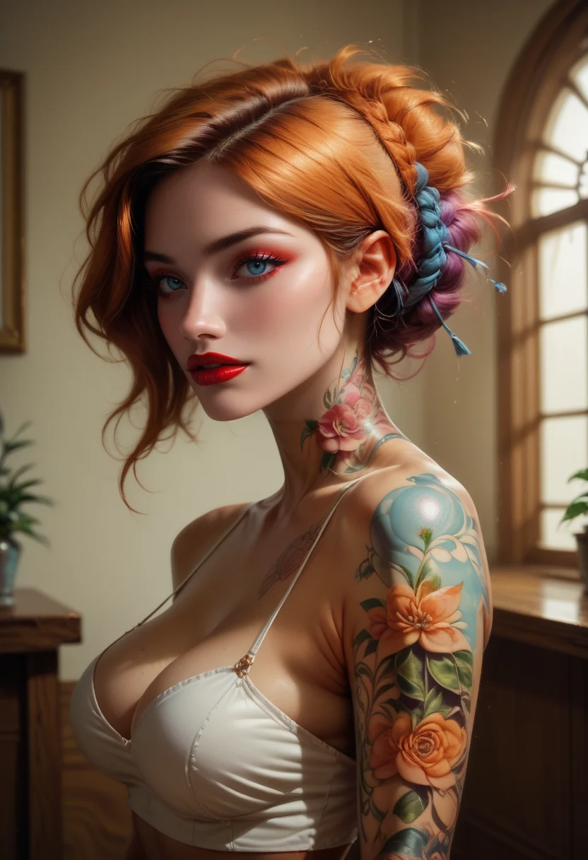 score_9, score_8_up, score_7_up, score_6_up, score_5_up, 1 girl, Jed-flwttp, body tattoo, interior, <lora:FlowerTattooP-000006:1> ,