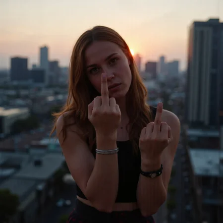 A frustrated young women giving the middle finger, standing in front of a cityscape in evening, middlefinger, flippingthebird