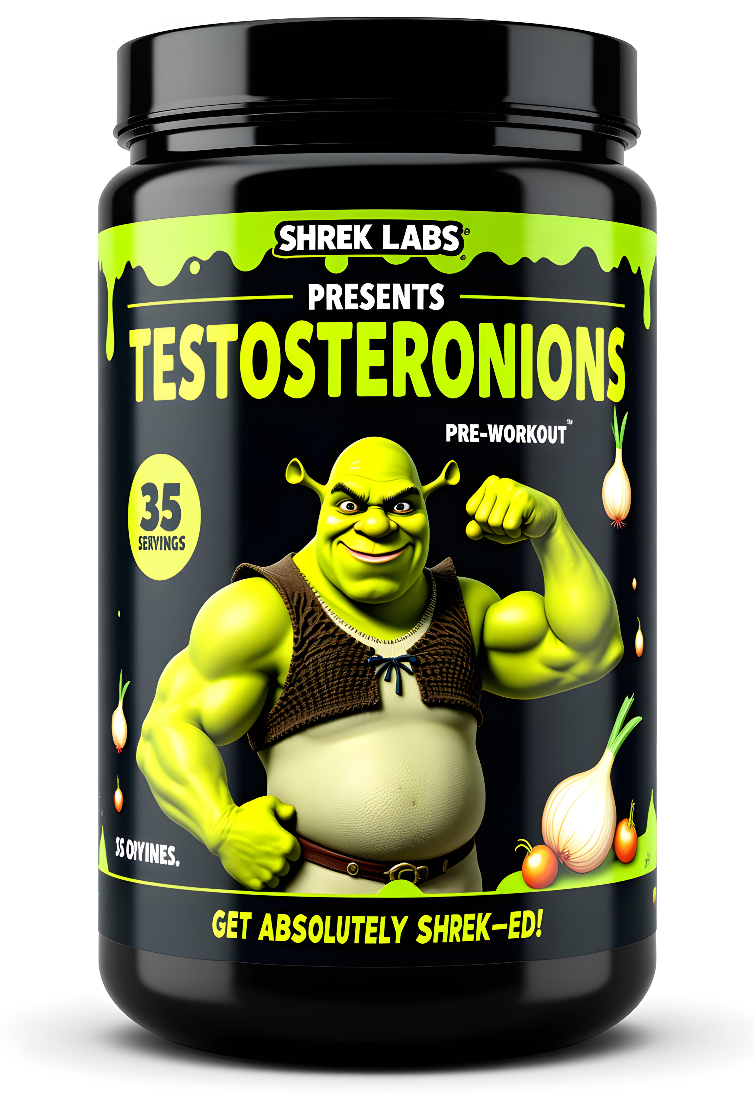 Design a bold, comedic preworkout supplement tub labeled 'SHREK LABS PRESENTS TESTOSTERONIONS', "Pre-workout", with a swampy, ogre-green background featuring cartoonish onion graphics and a high-energy vibe. Show the profile of an angry-faced Shrek flexing his insanely over-the-top steroid, bicep on the label. Include the text '35 Servings.' and at the bottom of the tub a tagline reads "Get Absolutely SHREK-ED!" in a Shrek-inspired style