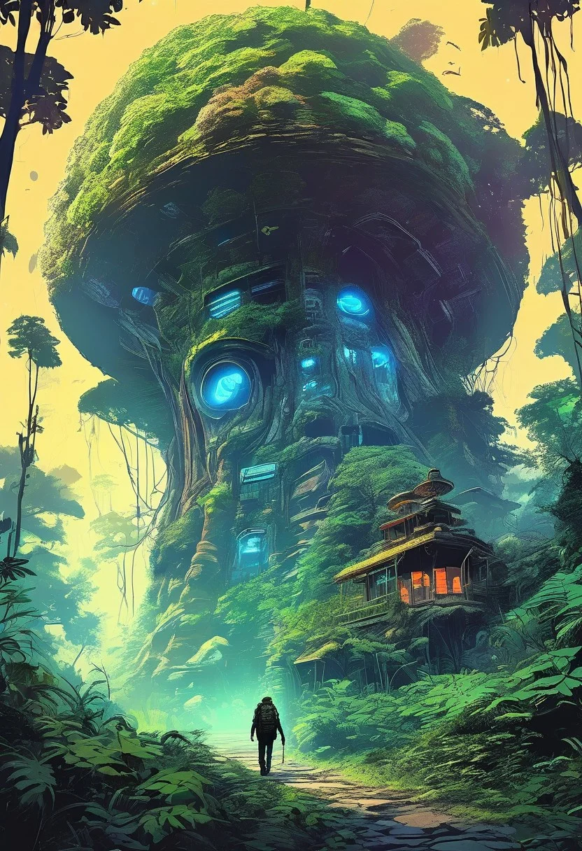 1 man, A lone traveler, walking through a dense, mystical forest , magical forest, ancient forest, big plants, fern, Podophyllum, Colocasia, big leaf, rocks, wildflower, mushroom,  plane crash covered with plants, with towering ancient trees, creepers, glowing plants, blue glowing lights, neon, neon light, and a distant light guiding the way, scary, horror, cinematic, epic, poster, digital painting, colorful, green, orange, purple, blue, dark colors, intricate details, adventure, science fiction, Asaf hanuka, uplight, 35mm