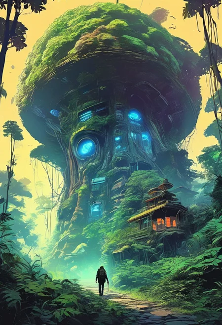 1 man, A lone traveler, walking through a dense, mystical forest , magical forest, ancient forest, big plants, fern, Podophyllum, Colocasia, big leaf, rocks, wildflower, mushroom, plane crash covered with plants, with towering ancient trees, creepers, glowing plants, blue glowing lights, neon, neon light, and a distant light guiding the way, scary, horror, cinematic, epic, poster, digital painting, colorful, green, orange, purple, blue, dark colors, intricate details, adventure, science fiction, Asaf hanuka, uplight, 35mm