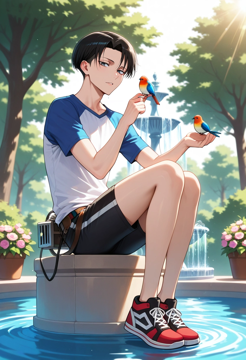 masterpiece, best quality, , , looking at viewer, , 1boy, solo, male focus, <lora:levi_ackerman_ilxl:0.92>, levi_ackerman, black hair, black eyes, short hair, curtained hair, , three-dimensional maneuver gear, fountain, water, flower, sunlight, tree, bird, sitting on fountain edge, feeding birds, gentle smile, Broderie anglaise Quatrefoil Sweatshorts, Raglan shirt, Sneakers, ,