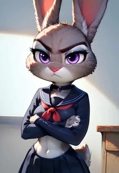 score_9, score_8_up, score_7_up, score_6_up,
1girl, solo, girl 18yo, (judy hopps), tiny bunny, furry, bald head, natural round breasts, medium breasts, perfect face, thin waist, focus on furry, well-lit, cleavage crease, (sexy perfect face), fur tufts, cute, cuteness, wide hips, narrow waist, bunny ears, (((two ears))), Ju_dy, seductive smile,(Expressiveh:0.8), choker, shortstack,
(((( Score_9, Score_8_up, Score_7_up, 8k quality, uncensored, anthro, rabbit, 1girl, bunny girl, furry,  
(youthful face:1.3), very detailed face, pretty face,  BREAK, Sukeban_TypeA, 1girl, solo, black school uniform, black serafuku, skirt, looking at viewer, neckerchief, long sleeves, black skirt, long skirt, sailor collar, realistics, <lora:BDpony_Sukeban_TypeA_V1-4800:1>, Glaring, Frown, makeup, crossed arms, japanese Classroom, Fighting pose, midriff, toned)))