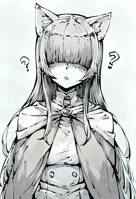 score_9, score_8_up, score_7_up, score_6_up, score_5_up, score_4_up, source_anime, uncensored <lora:intricate_details:0.5> intricate_details_xl, face focus, facing viewer, looking at viewer
<lora:Momo_MCFIEC_v1.0:0.9> solo, long hair, (hair over eyes, blunt bangs, hime cut:1.1), (monochrome, greyscale:1.1), covered eyes, collarbone, long bangs, dress, cape, capelet, head tilt, confused, standing,
<lora:xl_neco-arc(pony):0.5> neco-arc, cat ears, chibi, :3