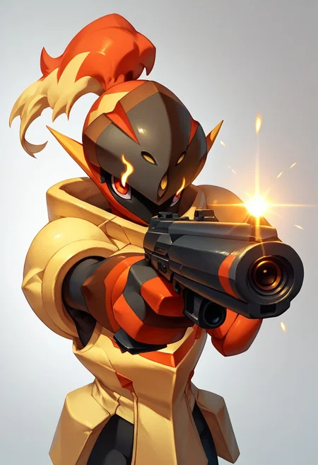 score_9, score_8_up, score_7_up, score_6_up, score_5_up, score_4_up, armarouge, pokemon, black skin, solo, aiming gun at viewer
