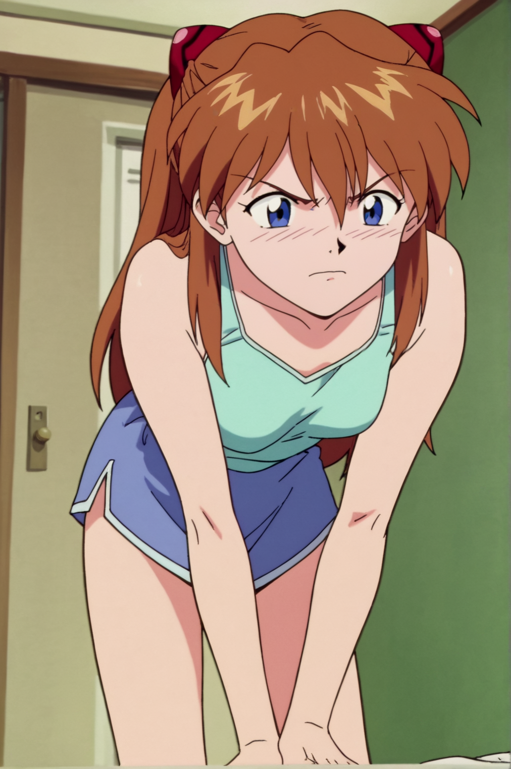 score_9, score_8_up, score_7_up,anime_source, source_anime, best background, detailed background, anime screencap,  Asuka Soryu Langley, home outfit, solo, horny, dynamic camera, indoors, corridor, dynamic angle, dynamic camera, tsundere, embarrassed, bent over, enraged, <lora:JN_Asuka_Soryu_Langley:0.8>