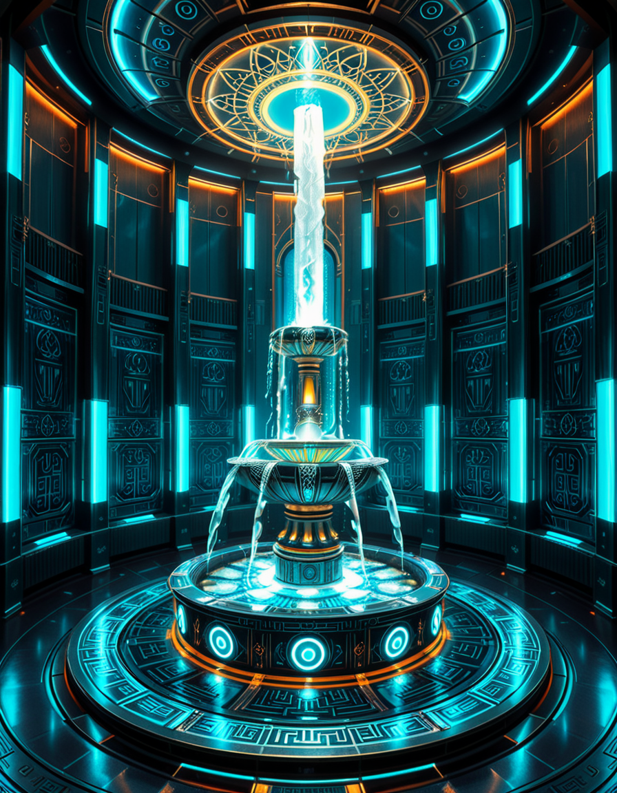 The center of a high-tech, alien temple-laboratory, where dark metallic walls shimmer under the glow of cyan vertical light tubes and faint sacred runes. In the middle of the chamber lies an elaborate biomechanical fountain, rising like an altar from a circular platform of engraved metal. The fountain pulses with iridescent liquid light, flowing in gravity-defying streams that spiral upward before cascading back into a glowing basin etched with ritual patterns. Bioluminescent veins run through the structure, illuminating the surrounding floor like circuitry. Overhead, a radiant, halo-like design casts a celestial glow, enhancing the surreal, sanctified atmosphere. The space exudes a fusion of sacred ceremony and alien technology, as if the fountain were a source of divine power worshipped by another world.
<lora:high-tech_alien_temple_f0unt41n:1>,high-tech alien temple f0unt41n,<lora:SDXLFaeTastic2400:0.4> <lora:extremely_detailed:0.4> extremely detailed, Masterpiece,best quality,hi res,8k,hi res,8k,award winning,(sharp focus, intricate, highly detailed),
