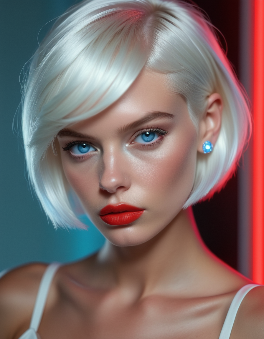 2d, A close-up of a model with short, platinum blonde hair styled in a sleek bob, her piercing blue eyes filled with an icy determination, her lips painted a bold red., highly detailed, Floating, key light, Pearlescent, sad atmosphere <lora:usual-portrait-v2:.9>