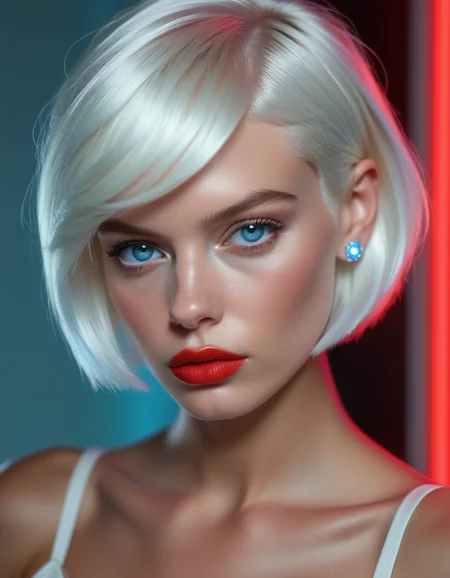 2d, A close-up of a model with short, platinum blonde hair styled in a sleek bob, her piercing blue eyes filled with an icy determination, her lips painted a bold red., highly detailed, Floating, key light, Pearlescent, sad atmosphere <lora:usual-portrait-v2:.9>