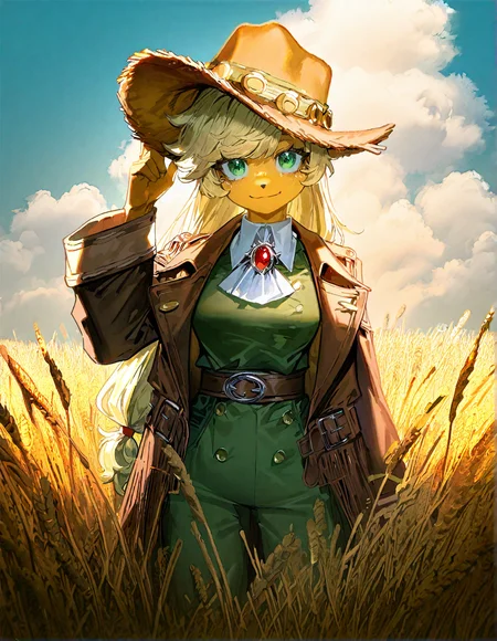 applejack , 1girl, blonde_hair , cloud ,colored_skin, furry, furry_female, long_hair,orange_skin ,outdoors, personification , solo, , wheat_field,Straw ,dot_nose, freckles, green_eyes , medium breast,
green_pants, jacket,long_hair, official_alternate_costume, open_jacket, pants, single_braid, yellow_shirt,adapted_costume , braid ,brooch ,brown_belt, brown_hat, brown_jacket, buttons, cowboy_hat ,detached_collar, knee_boots,  windy, hand_on_own_hat ,holding own hat, looking at viewer,smile ,
rella, rolua,  quasarcake:0.8, negative space,  very awa,
masterpiece, best quality, Good quality, very aesthetic, absurdres, newest, (Perfect details),
<lora:ponyv5_noobV065S_1_adamW:0.8>, <lora:illustrious_noobai_epsilon_pred_1_best_quality_v1:0.7> ,<lora:illustrious_noobai_epsilon_pred_11_very_aesthetic_v1:0.7> ,<lora:illustrious_noobai_epsilon_pred_1_masterpieces_v1:0.7> , <lora:Straw_thread:1>
