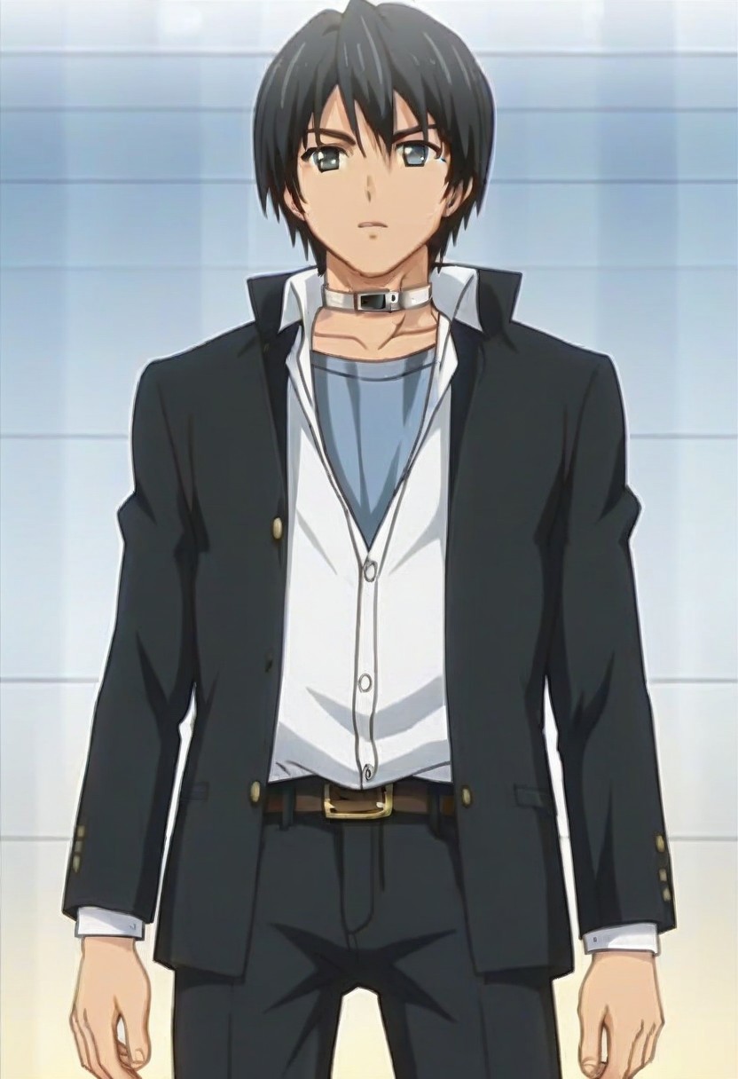 ((masterpiece)), ((best quality)), ((ultra-detailed)), score_9_up, score_8_up, score_7_up, HD, top quality, best quality, High-quality illustrations, anime screencap, perfect anatomy, 1boy, 1male, male anime character, anime boy, solo male, male focus, Keisuke Takatou,black hair,grey eyes,neck collar strap, handsome, attractive, cute, tall body, tall height, lean body, short black coat, tuck-in white polo shirt, belt, black pants, white mysterious room, serious expression, poker face, full body shot, head to feet shot
