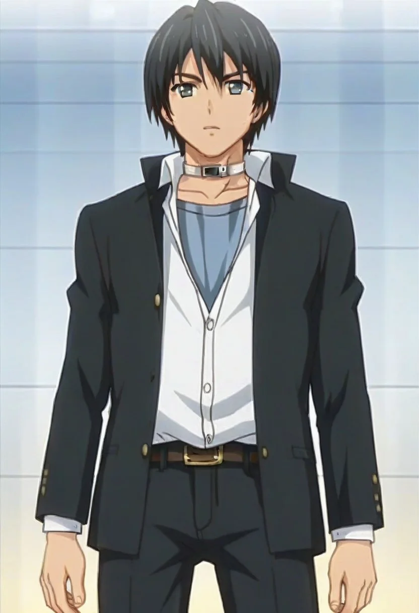 ((masterpiece)), ((best quality)), ((ultra-detailed)), score_9_up, score_8_up, score_7_up, HD, top quality, best quality, High-quality illustrations, anime screencap, perfect anatomy, 1boy, 1male, male anime character, anime boy, solo male, male focus, Keisuke Takatou,black hair,grey eyes,neck collar strap, handsome, attractive, cute, tall body, tall height, lean body, short black coat, tuck-in white polo shirt, belt, black pants, white mysterious room, serious expression, poker face, full body shot, head to feet shot