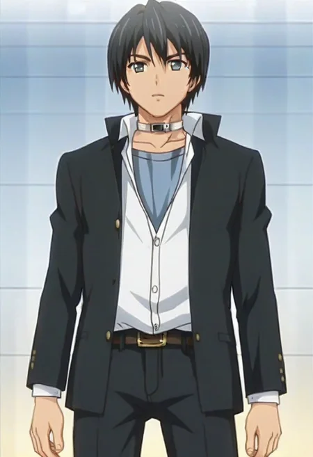 ((masterpiece)), ((best quality)), ((ultra-detailed)), score_9_up, score_8_up, score_7_up, HD, top quality, best quality, High-quality illustrations, anime screencap, perfect anatomy, 1boy, 1male, male anime character, anime boy, solo male, male focus, Keisuke Takatou,black hair,grey eyes,neck collar strap, handsome, attractive, cute, tall body, tall height, lean body, short black coat, tuck-in white polo shirt, belt, black pants, white mysterious room, serious expression, poker face, full body shot, head to feet shot