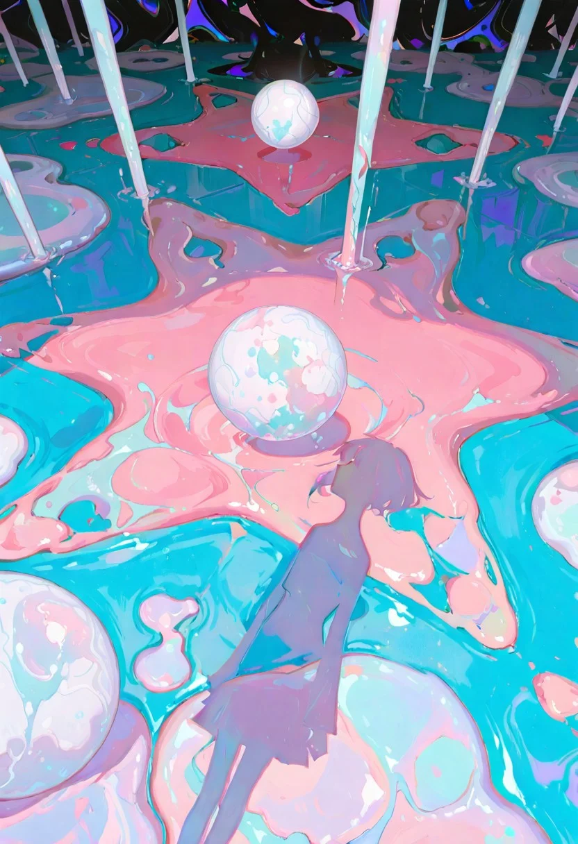 pastel colors, surreal, (abstract:1.5)
1 adult woman, marbled floor, liquid floor, colored shadow, different shadow, swirls, confusion,
, (((white sphere on background))),