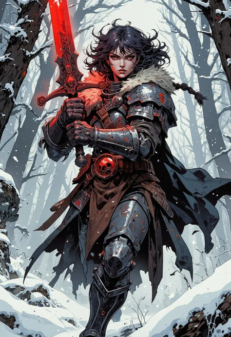 Frozen Fray: A barbarian warrior, encased in battered black chrome armor, charges forward amidst a blustery snowy forest. Her fur-lined cloak billows behind her as she lunges, the wind whipping her short, curly dark hair into a frenzy. Blackened lips and blackout eyeshadow accentuate her intense gaze, while an iron tiara crowns her triangular face. Braids cascade down her back as she brandishes a massive glowing red sword, its skull-engraved hilt glinting in the pale light. The snow-covered trees tower above, their branches etched against the grey sky like skeletal fingers, as our armored heroine unleashes a fierce battle cry into the frozen wilderness.