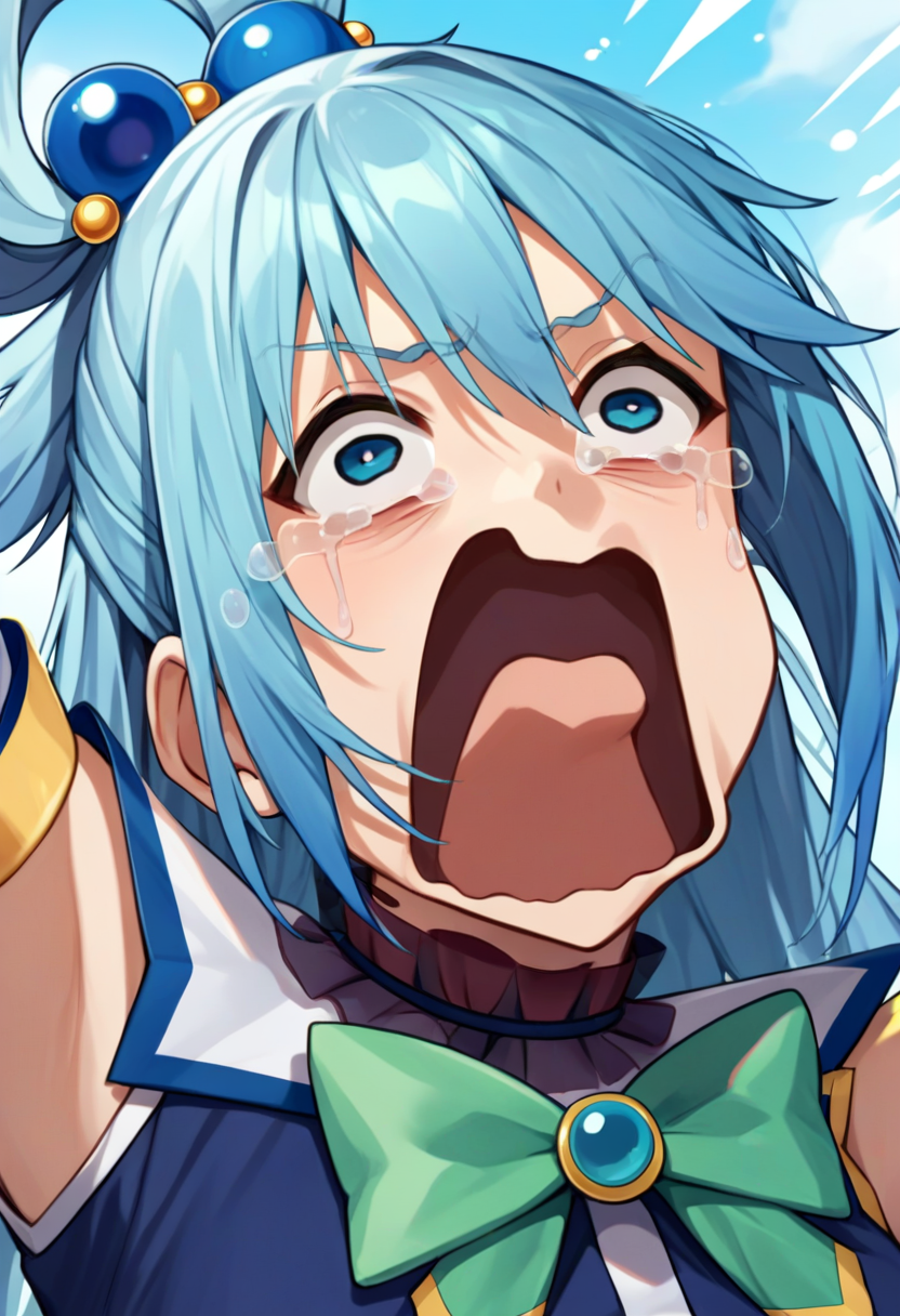 score_9, score_8_up, score_7_up, source_anime, rating_safe, solo, 1girl, aqua \(konosuba\), kono subarashii sekai ni shukufuku wo!, aquascreaming, screaming, open mouth, crying with eyes open, blue hair, hair rings, blue eyes <lora:concept_aquascreaming_ponyXL:1>
