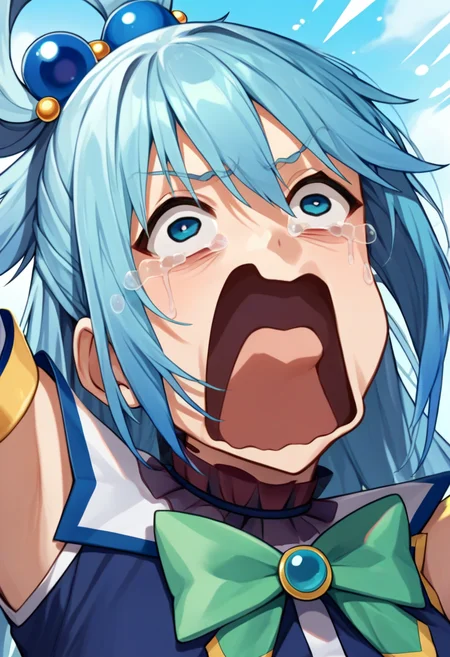 score_9, score_8_up, score_7_up, source_anime, rating_safe, solo, 1girl, aqua \(konosuba\), kono subarashii sekai ni shukufuku wo!, aquascreaming, screaming, open mouth, crying with eyes open, blue hair, hair rings, blue eyes <lora:concept_aquascreaming_ponyXL:1>