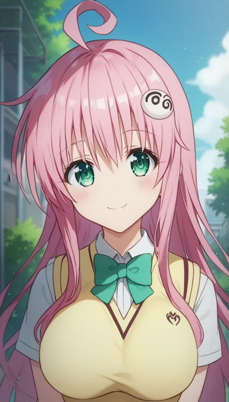 score_9,score_8_up,score_7_up,score_6_up BREAK official art,solo,outdoors,upper body,(portrait:1.5),looking at viewer,facing viewer,smile,blush,Lala Satalin Deviluke,ahoge,very long hair,pink hair,hair ornament,sidelocks,bangs,green eyes,school uniform,sweater vest,yellow vest,white shirt,collared shirt,green bowtie,short sleeves,large breasts,miniskirt,green skirt,plaid skirt,pleated skirt,demon tail,zettai ryouiki,black thighhighs,loafers,<lora:Lala Satalin Deviluke(tlr)-Pony:1.8>,