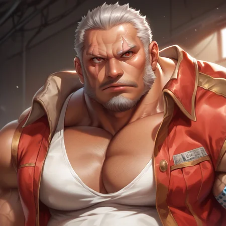 source_anime, detailed background, (score_9, score_8_up, score_7_up), zoroj, masterpiece, best quality, high quality, ultra detailed, highly detailed, high detail, artistic lighting, (highly detailed face, (perfect face, perfect eyes)), depth of field, perfect soft lighting, best shadows, perfect reflections, volumetric, detailed image, high resolution, defined faces, sharp definition,
solo, 1boy, male focus, Amatsumara, old man, mature male, gray hair, short hair, long sideburns, facial hair, goatee, (brown left eye, red right eye), scar, dark skin, white tanktop, red jacket, chest hair, musclebears, muscular male, bara, veiny muscles, large male,
garage, workshop, dynamic poses, various poses, looking at viewer, (((face shot))),