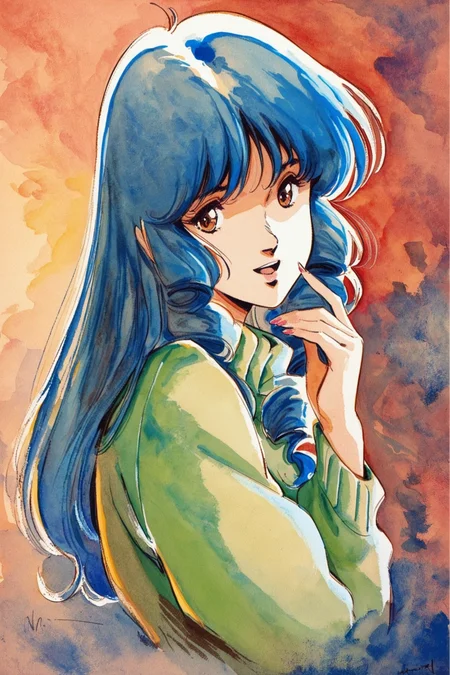 Lynn Minmay,1girl,solo,1980s (style),retro artstyle,long hair,blue hair,sweater,open mouth,brown eyes,light smile,drill hair,upper body,looking at viewer,traditional media,watercolor \(medium\),<lora:Haruhiko Mikimoto_XL_V2:0.8>,