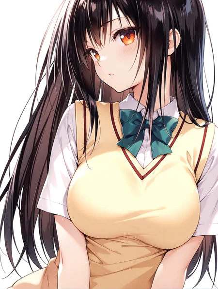 masterpiece,best quality,newest,
1girl,solo,
<lora:kotegawa_yui_ilxl_v1.5>,yui,black hair,long hair,orange eyes,y_clothes,green bowtie,short sleeve blouse,sweater vest,<lora:Fixhands_anime_bdsqlsz_V1:1>,simple_background,white_background,upper_body,looking_at_viewer,head_tilt,profile,parted lips,light_blush,expressionless,