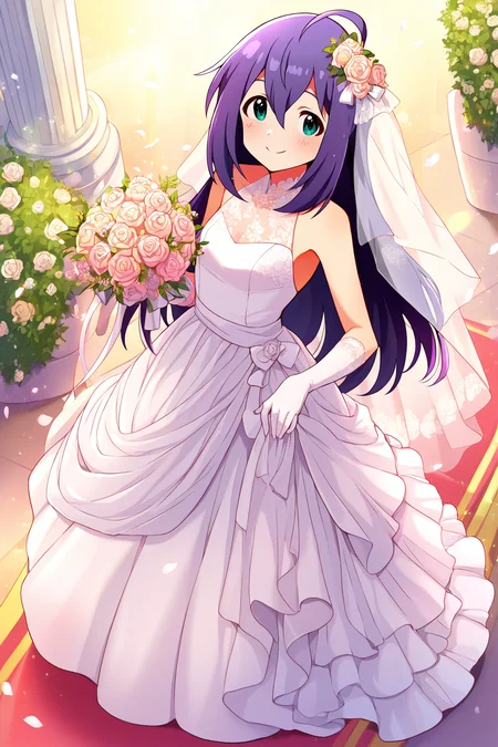 masterpiece,best quality,very aesthetic,absurdres,highres,newest,official art,official style,
1girl,solo,
mochizuki anna,purple hair,green eyes,ahoge,
wedding dress,wedding band,white dress,white gloves,
<lora:eye_focus_illus:1>,eye_focus,
standing,full body,
<lora:idolmaster_mochizuki_anna_ill_v1.0:1>,