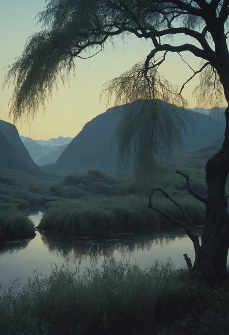 (art by Anne McCaffrey:0.7) , landscape of a Handsome Norway and Willow, at Sunrise, Cel shaded, intricate background, flat lighting, underpainting, cinematic color grading lighting vintage realistic film grain scratches celluloid analog cool shadows warm highlights soft focus actor directed cinematography technicolor Satoshi Kon and by H.R. Giger and by Don Mccullin, skeptical, doubting, cynical